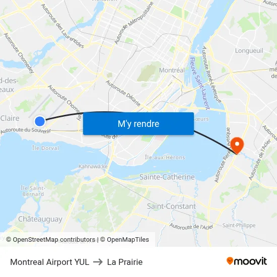 Montreal Airport YUL to La Prairie map