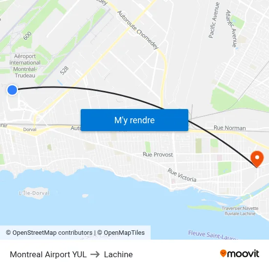Montreal Airport YUL to Lachine map