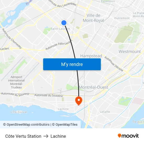 Côte Vertu Station to Lachine map