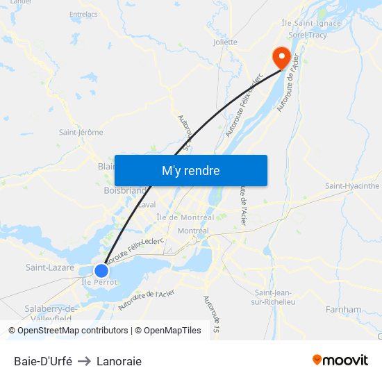 Baie-D'Urfé to Lanoraie map
