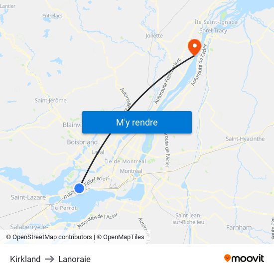 Kirkland to Lanoraie map