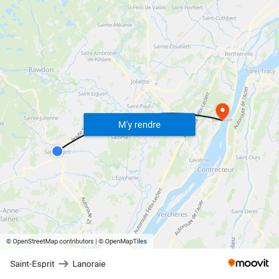 Saint-Esprit to Lanoraie map