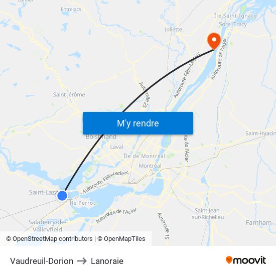 Vaudreuil-Dorion to Lanoraie map