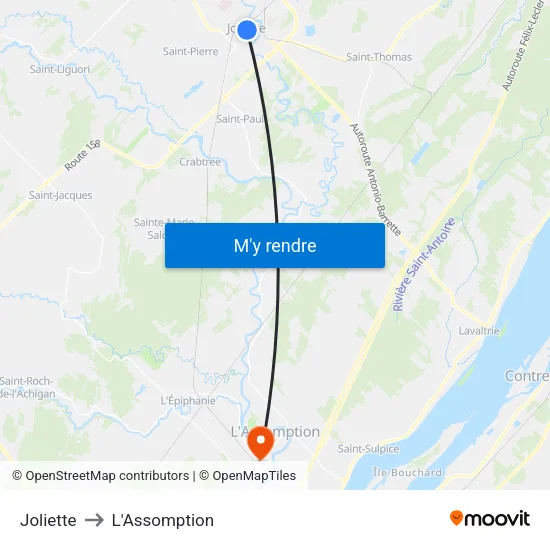 Joliette to L'Assomption map