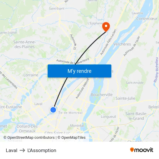Laval to L'Assomption map