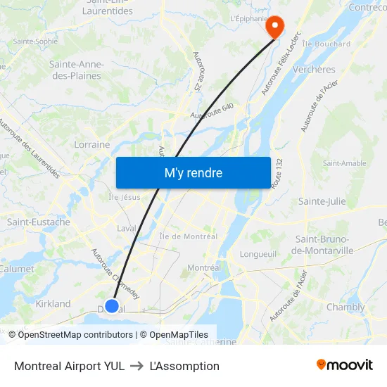 Montreal Airport YUL to L'Assomption map