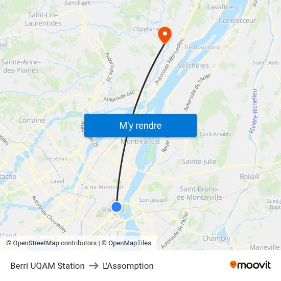 Berri UQAM Station to L'Assomption map