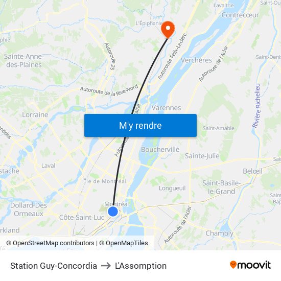 Station Guy-Concordia to L'Assomption map