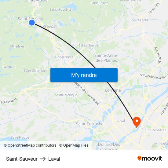 Saint-Sauveur to Laval map