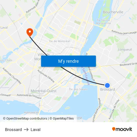 Brossard to Laval map