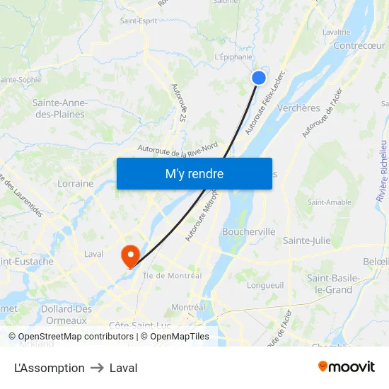 L'Assomption to Laval map