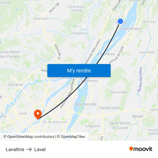 Lavaltrie to Laval map