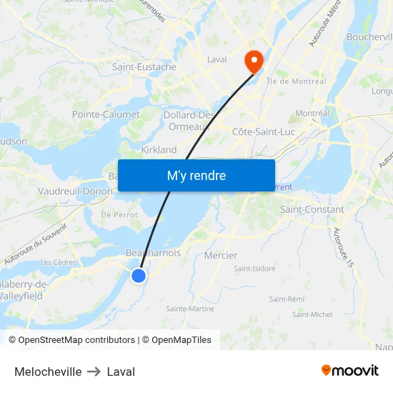 Melocheville to Laval map