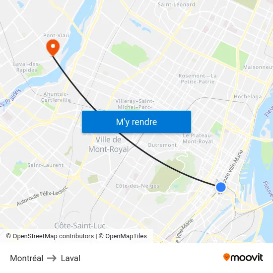 Montréal to Laval map