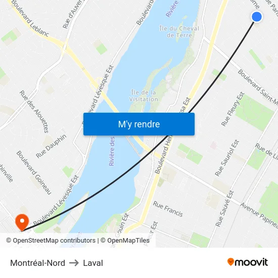 Montréal-Nord to Laval map
