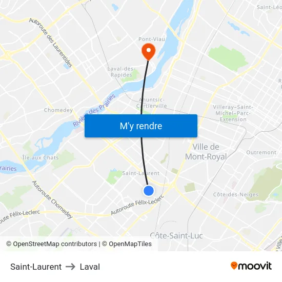Saint-Laurent to Laval map