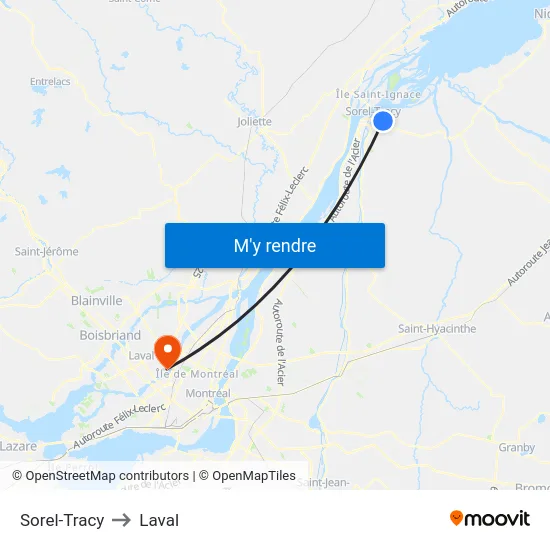 Sorel-Tracy to Laval map