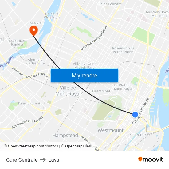 Gare Centrale to Laval map