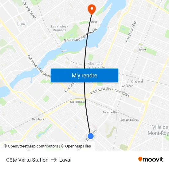 Côte Vertu Station to Laval map