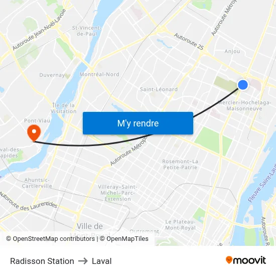 Radisson Station to Laval map