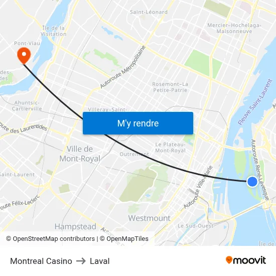 Montreal Casino to Laval map
