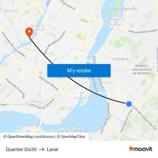 Quartier Dix30 to Laval map