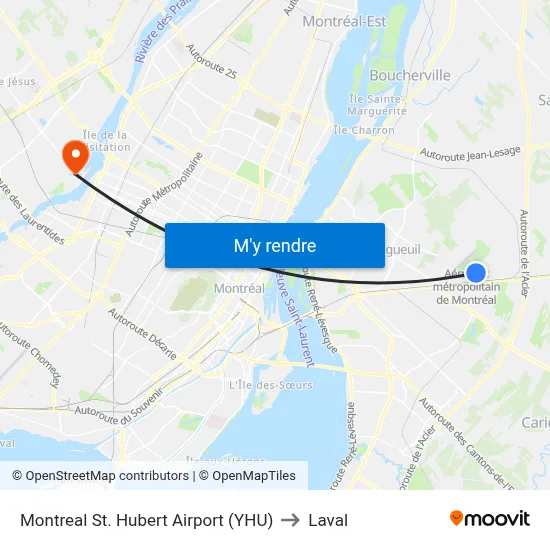 Montreal St. Hubert Airport (YHU) to Laval map