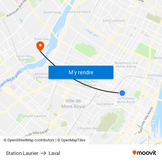Station Laurier to Laval map