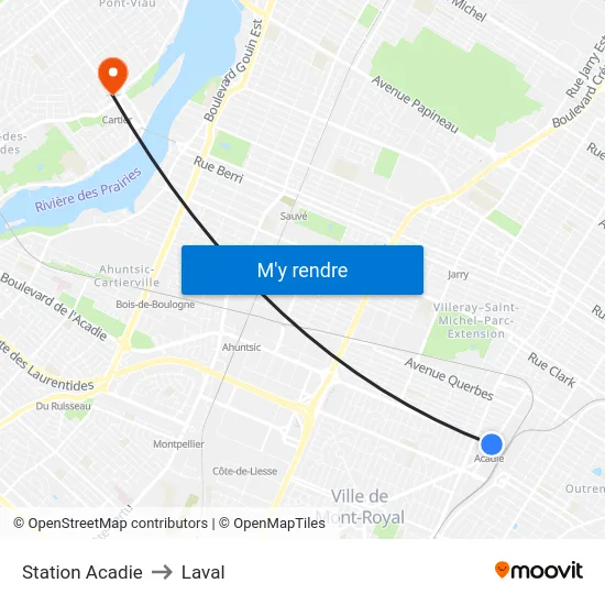 Station Acadie to Laval map