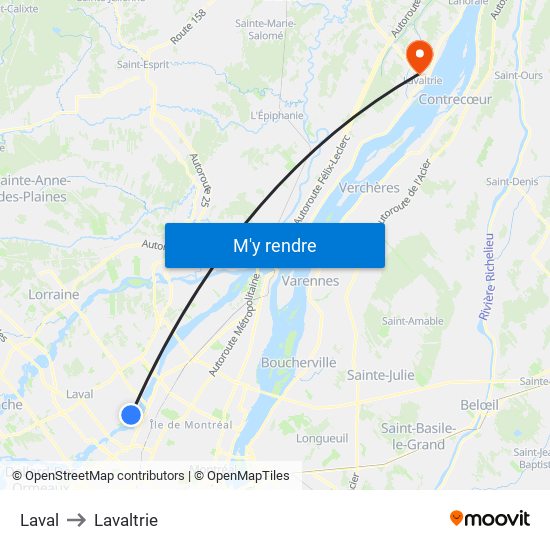 Laval to Lavaltrie map