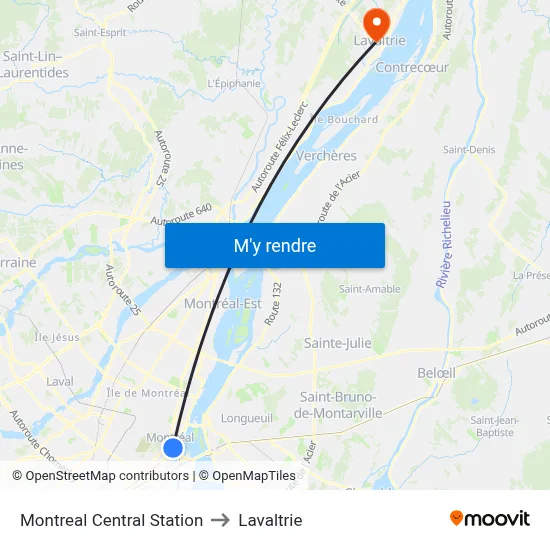 Montreal Central Station to Lavaltrie map
