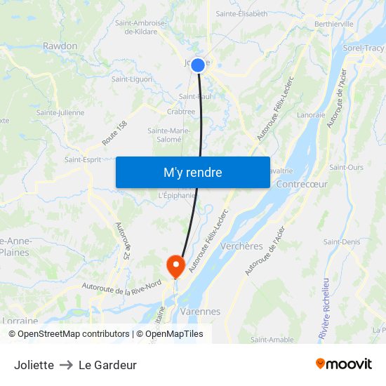 Joliette to Le Gardeur map