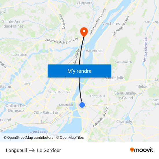 Longueuil to Le Gardeur map