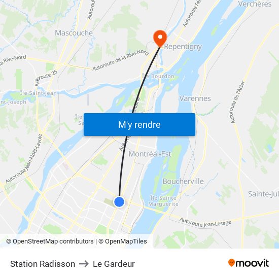 Station Radisson to Le Gardeur map