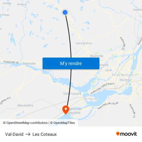 Val-David to Les Coteaux map