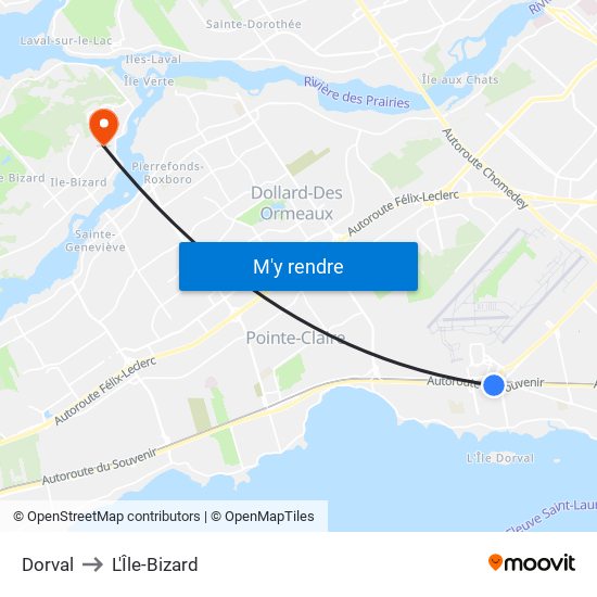 Dorval to L'Île-Bizard map