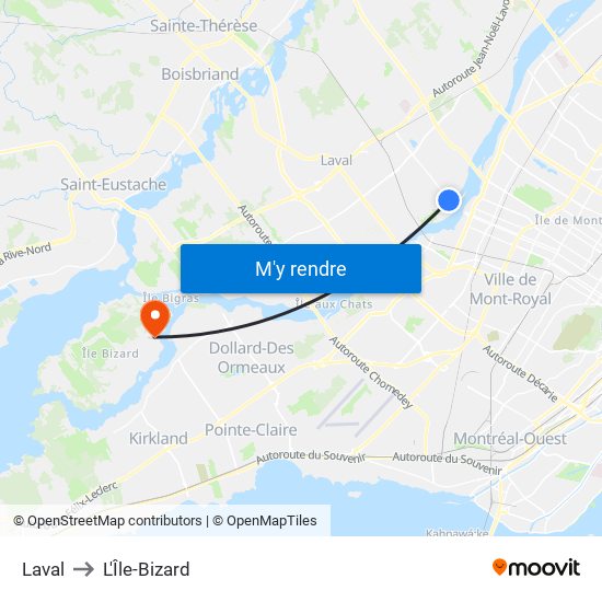 Laval to L'Île-Bizard map