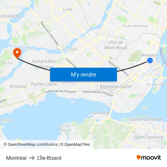 Montréal to L'Île-Bizard map