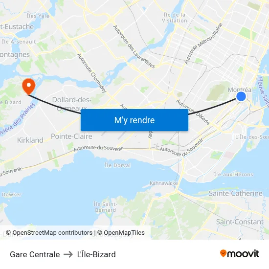 Gare Centrale to L'Île-Bizard map