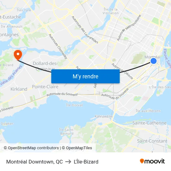 Montréal Downtown, QC to L'Île-Bizard map