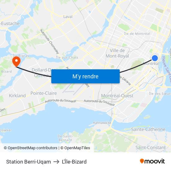 Station Berri-Uqam to L'Île-Bizard map