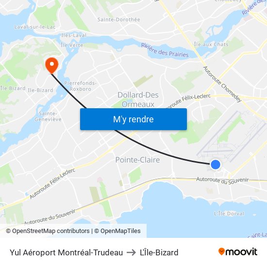 Yul Aéroport Montréal-Trudeau to L'Île-Bizard map