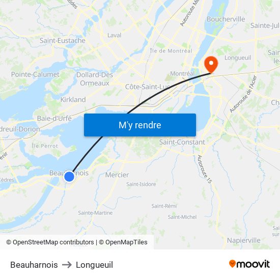 Beauharnois to Longueuil map