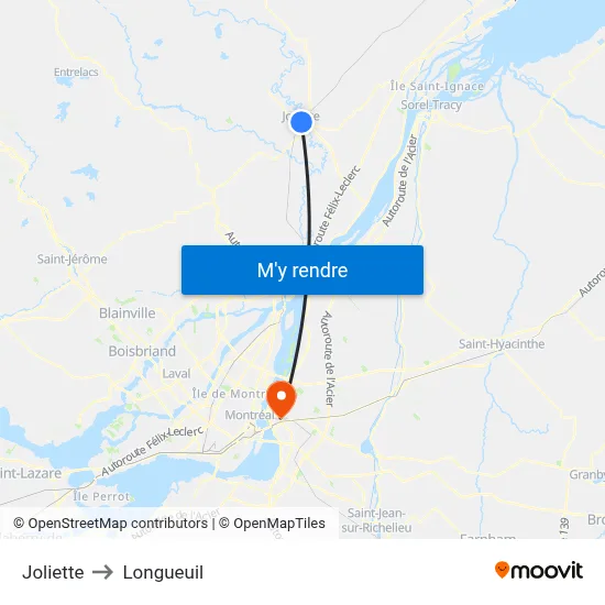 Joliette to Longueuil map