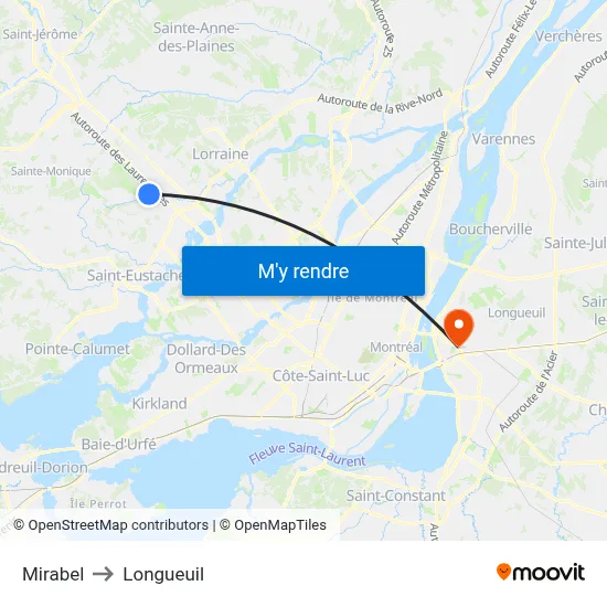 Mirabel to Longueuil map