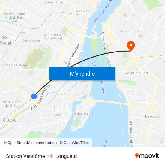 Station Vendôme to Longueuil map