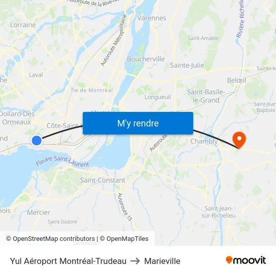 Yul Aéroport Montréal-Trudeau to Marieville map