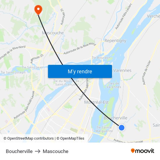 Boucherville to Mascouche map