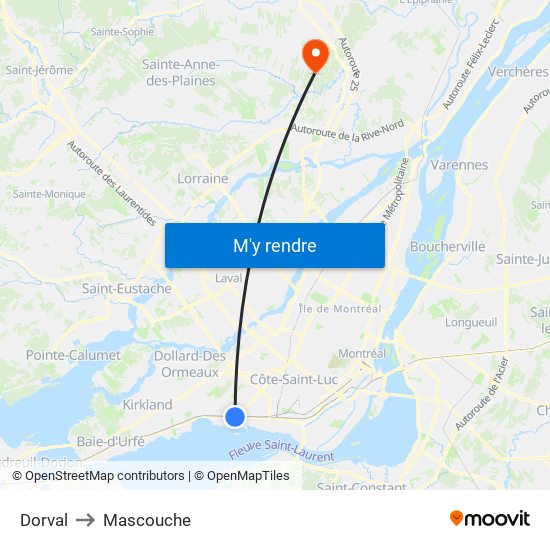 Dorval to Mascouche map