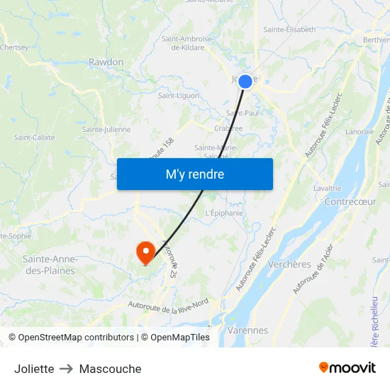 Joliette to Mascouche map